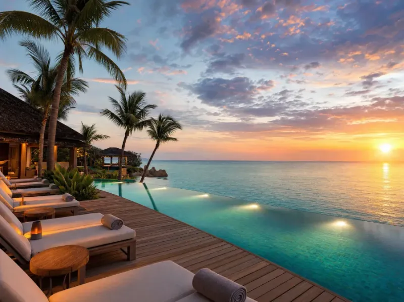 Luxury resort infinity pool at sunset