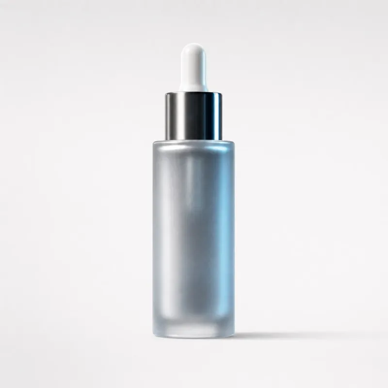 A frosted glass dropper bottle with a white cap on a plain white studio backdrop