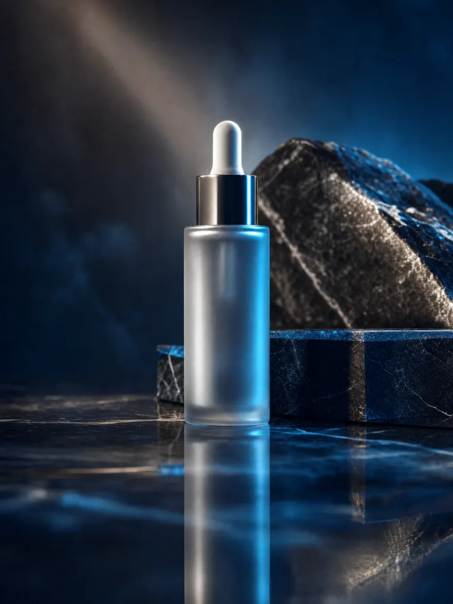 A frosted glass dropper bottle standing on a slab of blue marble, a shaft of light catching the rock behind it