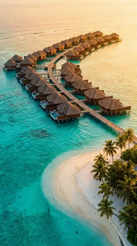 Overwater villas curve away from a palm fringed sandbar into turquoise shallows at sunrise