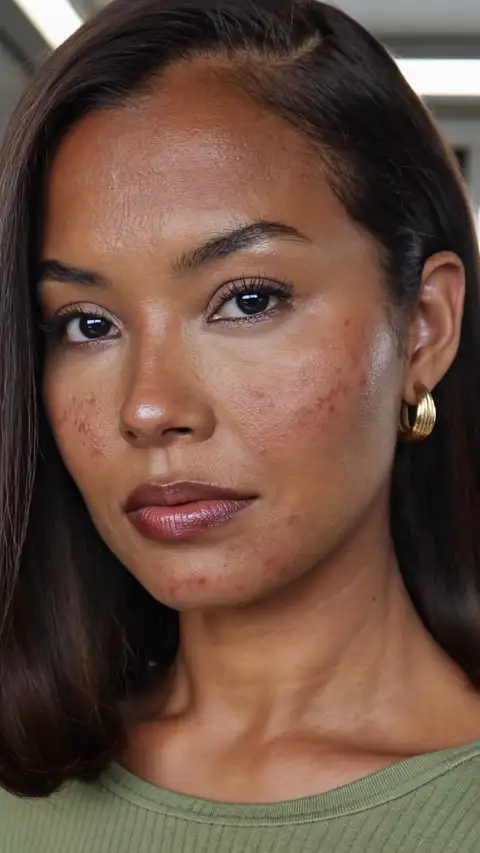 A woman with blemished skin applies a treatment, then turns to camera with clear skin and talks