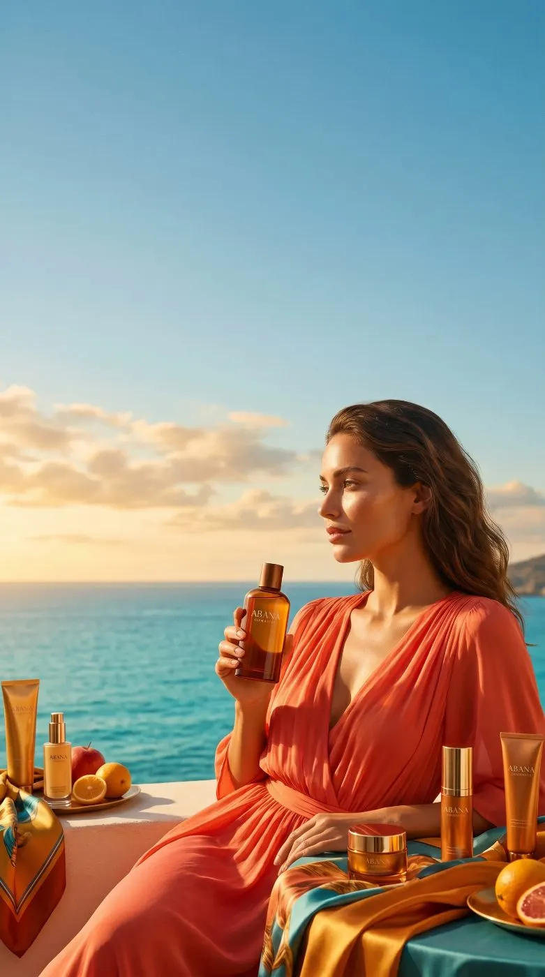 Skincare lifestyle still, coastal golden hour