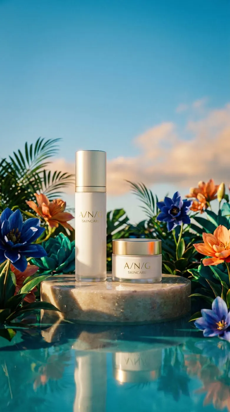 Skincare products on a stone plinth in a tropical garden