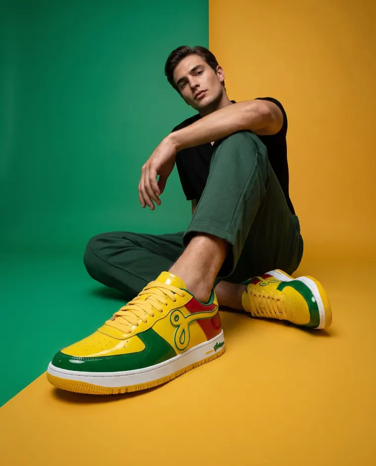 Colour-block patent sneaker in a green and yellow studio set, model seated behind
